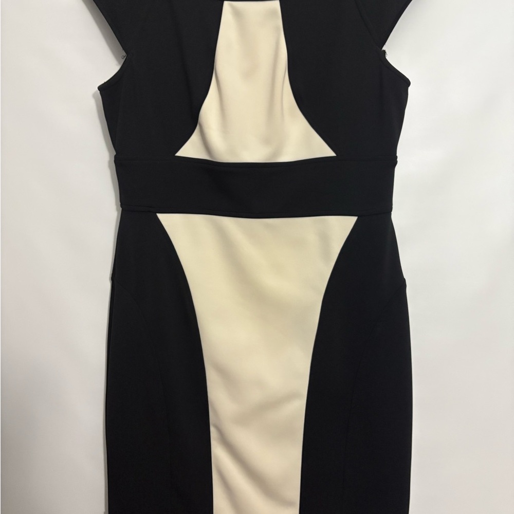 Maggy London Black and Cream Sheath Midi Dress
